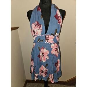 Venus Backless Blue Pink and Maroon Floral Flowy Crepe Halter Dress ~ Size 10